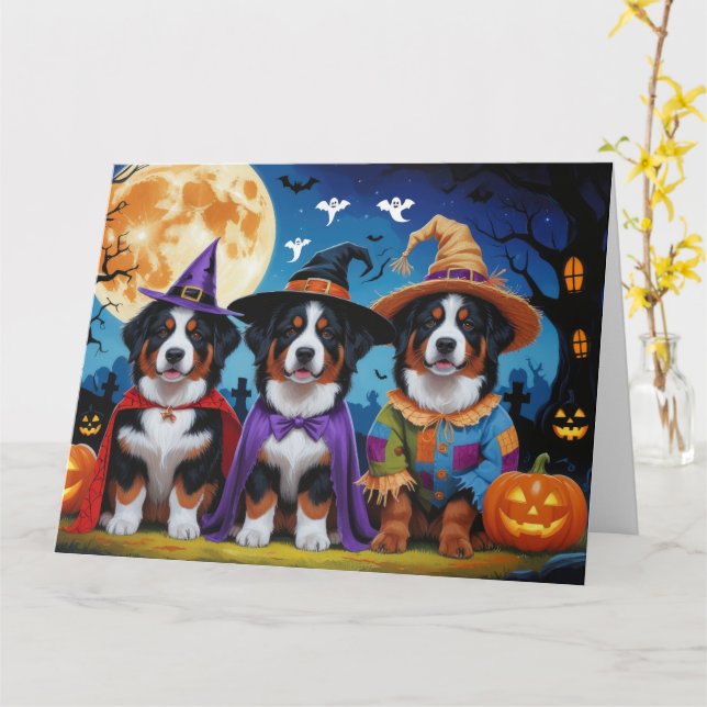 Bernese Mountain Dogs Pumpkin Halloween Funny Card (Yellow Flower)