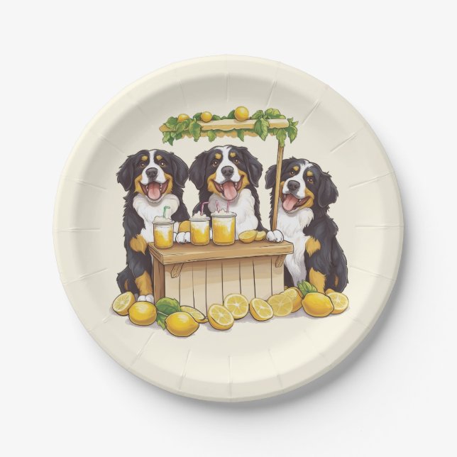 Bernese Mountain Dogs Running A Lemonade Stand Paper Plate (Front)