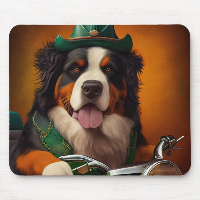 Bernese Mountain Driving Bike St. Patrick's Day Mouse Pad (Front)
