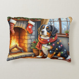 Bernese Mountain Fireplace with Christmas Lights Accent Pillow