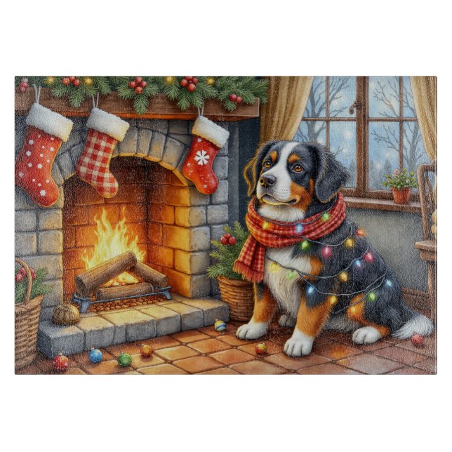 Bernese Mountain Fireplace with Christmas Lights Cutting Board (Front)
