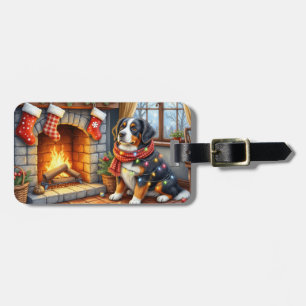 Bernese Mountain Fireplace with Christmas Lights Luggage Tag