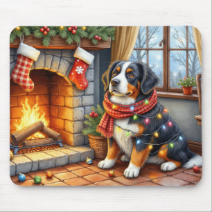 Bernese Mountain Fireplace with Christmas Lights Mouse Pad