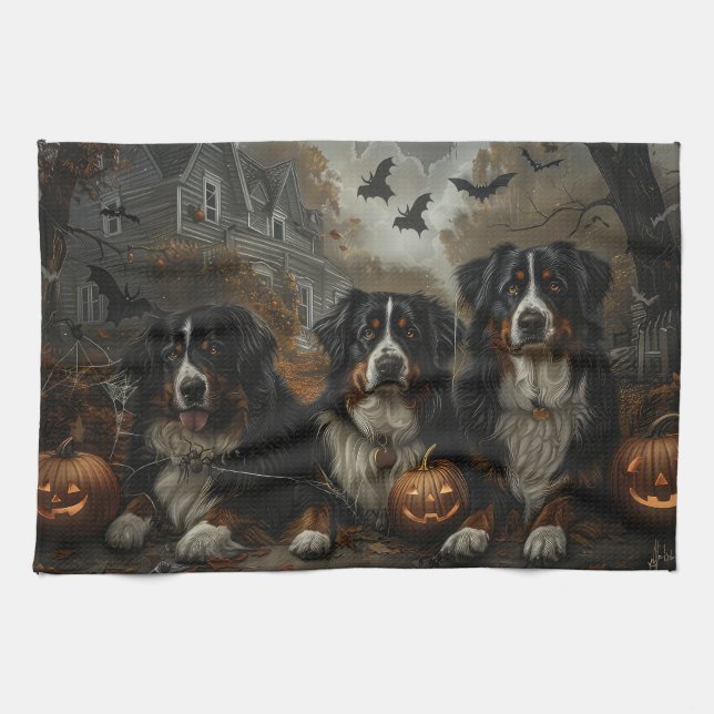 Bernese Mountain Halloween Night Doggy Delight Kitchen Towel (Horizontal)