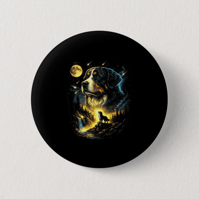 Bernese mountain howling to the moon fantasy dog 2 inch round button (Front)