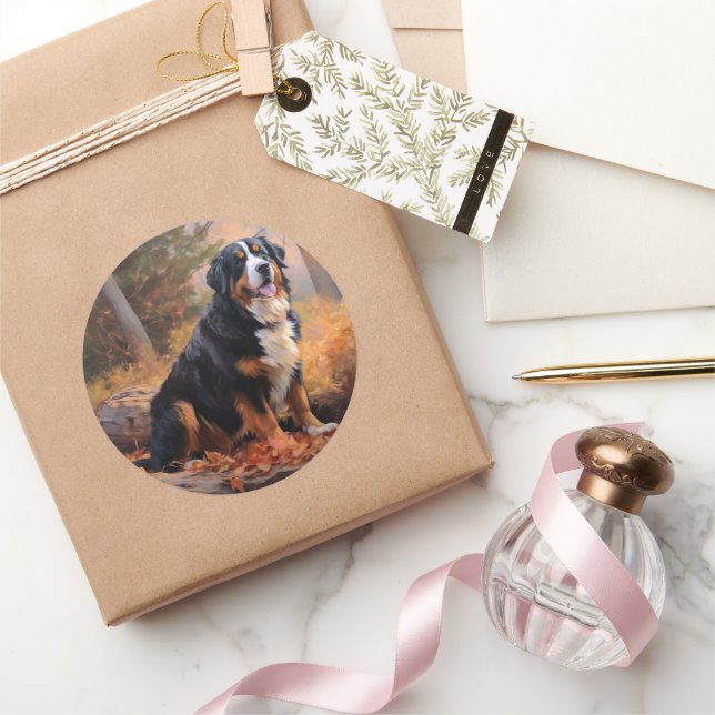 Bernese Mountain in Autumn Leaves Fall Inspire  Classic Round Sticker (Gifting)