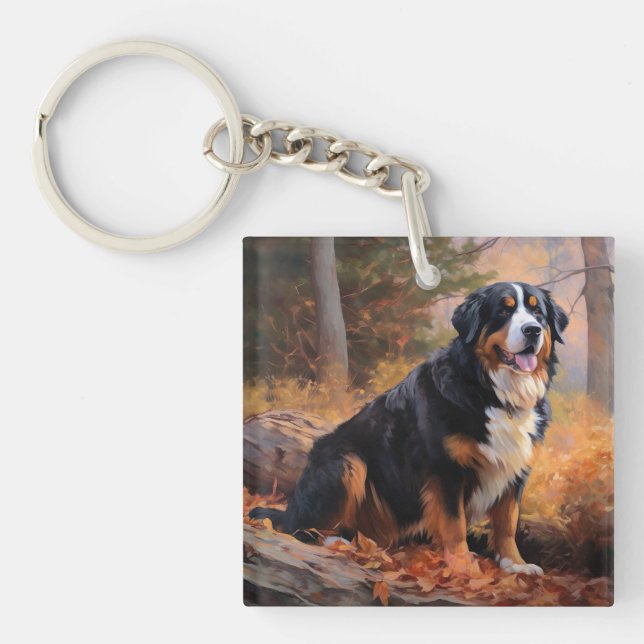 Bernese Mountain in Autumn Leaves Fall Inspire  Keychain (Front)
