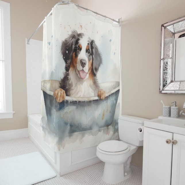 Bernese Mountain In Bathtub Watercolor Dog Art (In Situ)