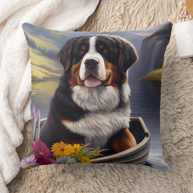 Bernese Mountain on a Paddle: A Scenic Adventure Throw Pillow (Blanket)