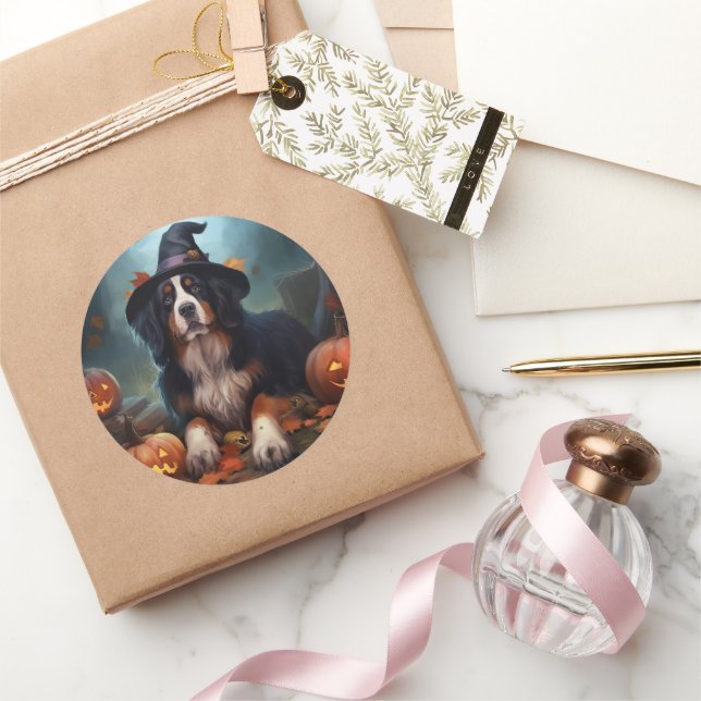 Bernese Mountain Pumpkins Halloween Scary Classic Round Sticker (Gifting)