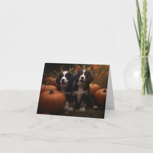 Bernese Mountain Puppy Autumn Delight Pumpkin Card (Front)