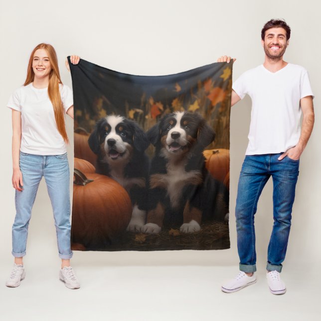 Bernese Mountain Puppy Autumn Delight Pumpkin Fleece Blanket (In Situ)