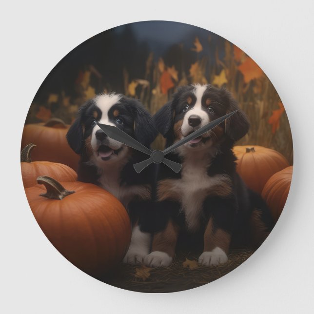 Bernese Mountain Puppy Autumn Delight Pumpkin Large Clock (Front)