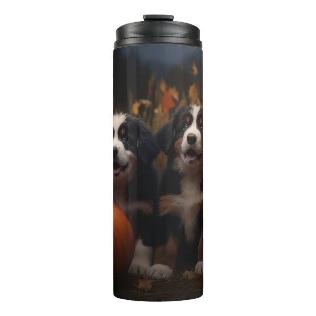 Bernese Mountain Puppy Autumn Delight Pumpkin Thermal Tumbler (Front)