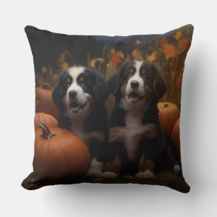 Bernese Mountain Puppy Autumn Delight Pumpkin Throw Pillow