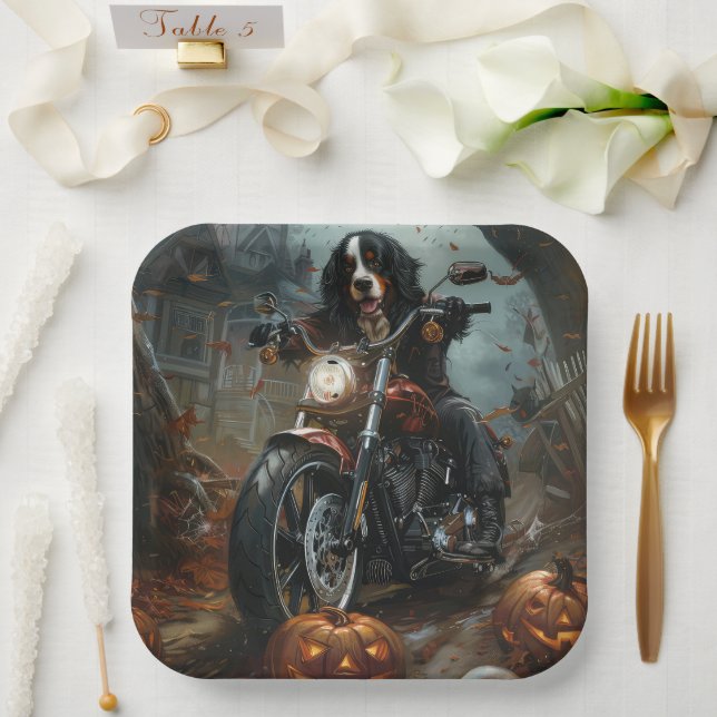 Bernese Mountain Riding Motorcycle Halloween Scary Paper Plate (Wedding)