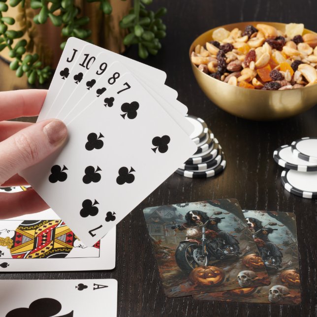 Bernese Mountain Riding Motorcycle Halloween Scary Playing Cards (In Situ)