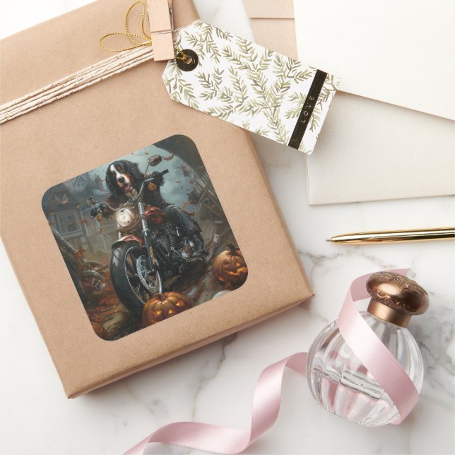 Bernese Mountain Riding Motorcycle Halloween Scary Square Sticker (Gifting)