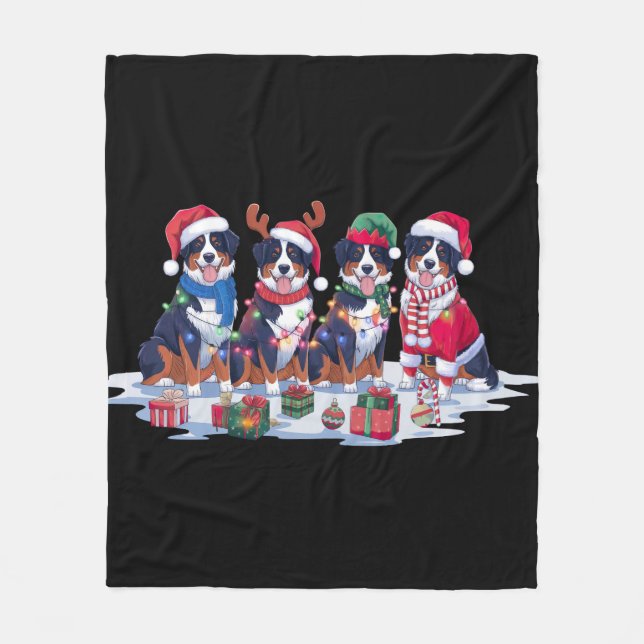 Bernese Mountain Santa hat antlers elf Christmas Fleece Blanket (Front)