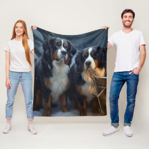 Bernese Mountain Snowy Sleigh Christmas Decor  Fleece Blanket