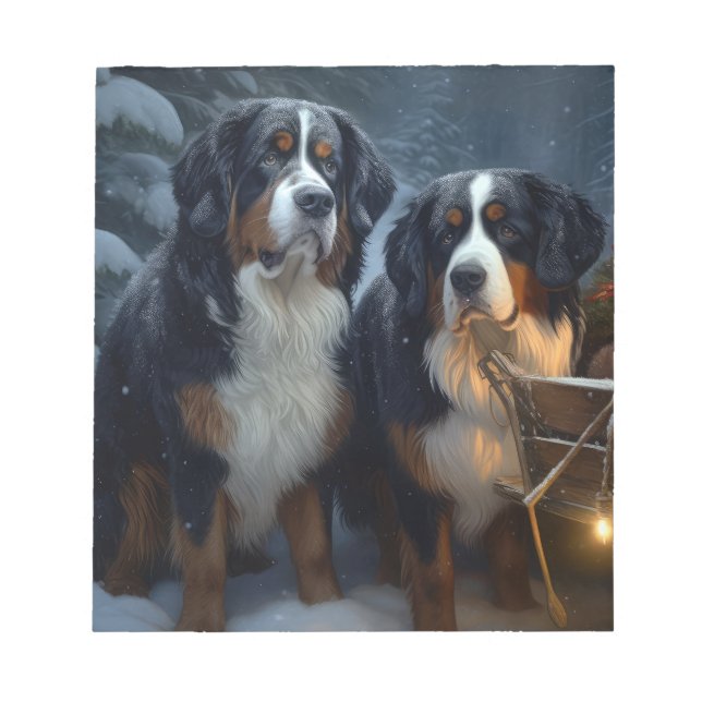 Bernese Mountain Snowy Sleigh Christmas Decor  Notepad (Front)