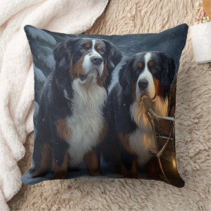 Bernese Mountain Snowy Sleigh Christmas Decor  Throw Pillow