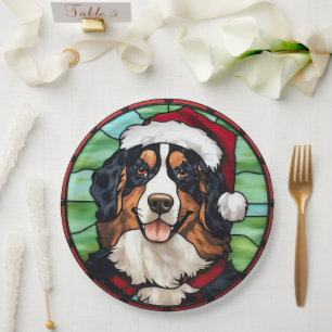 Bernese Mountain Stained Glass Christmas Paper Plate