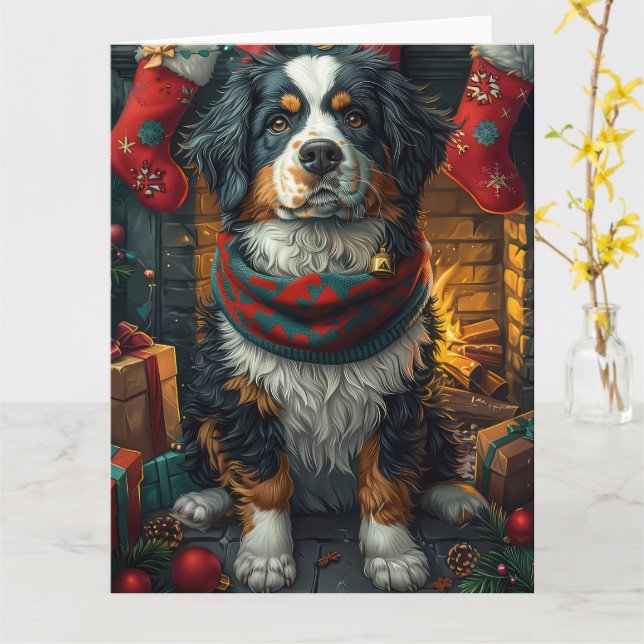 Bernese Mountain with Christmas Gifts Fireplace Card (Yellow Flower)
