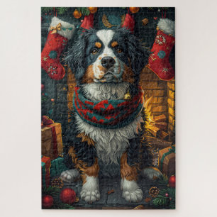 Bernese Mountain with Christmas Gifts Fireplace Jigsaw Puzzle