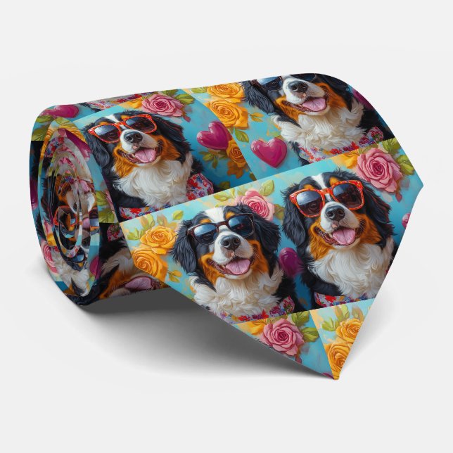 Bernese Mountain With Heart Roses Valentine's Day Tie (Rolled)