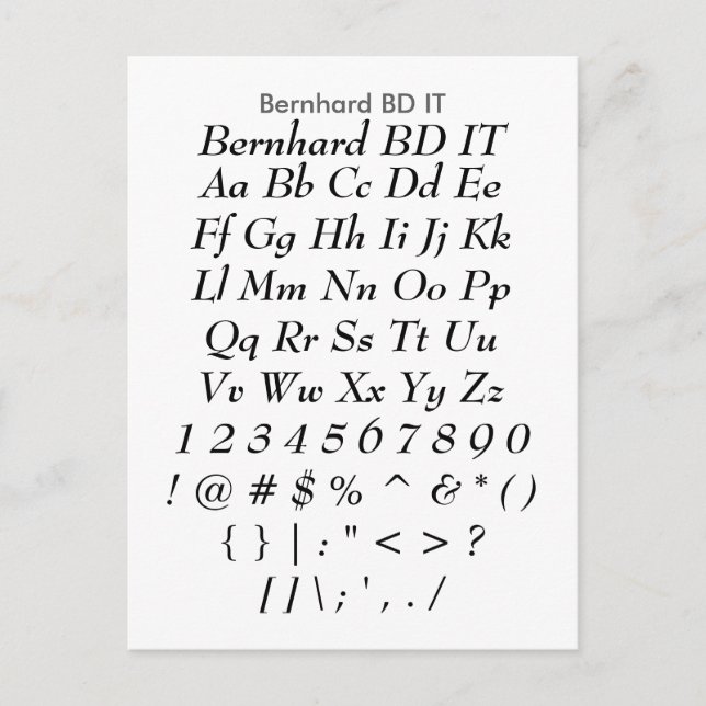 Bernhard BD IT - Zazzle Font Sampler Sheet Postcard (Front)
