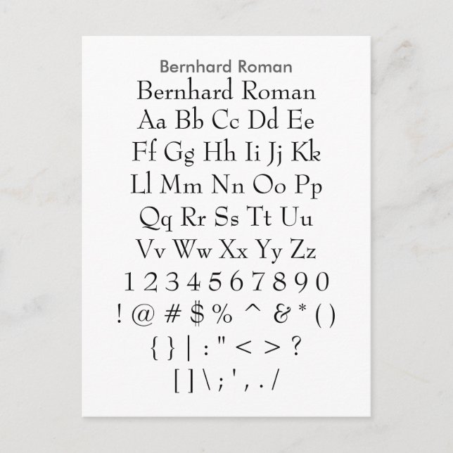Bernhard Roman - Zazzle Font Sampler Sheet Postcard (Front)