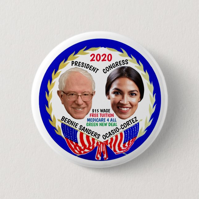 Bernie Sanders / AOC 2020 2 Inch Round Button (Front)