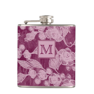 Berries and Blossoms Purple Floral Monogram Hip Flask