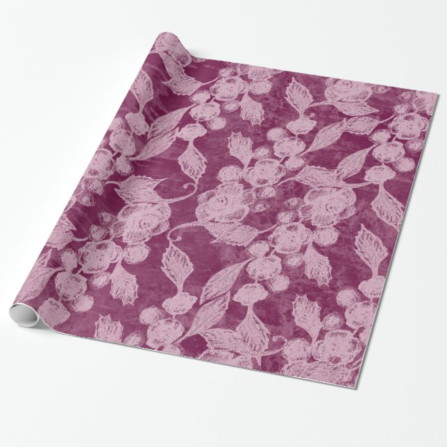 Berries and Blossoms Purple Floral Pattern Wrapping Paper (Unrolled)