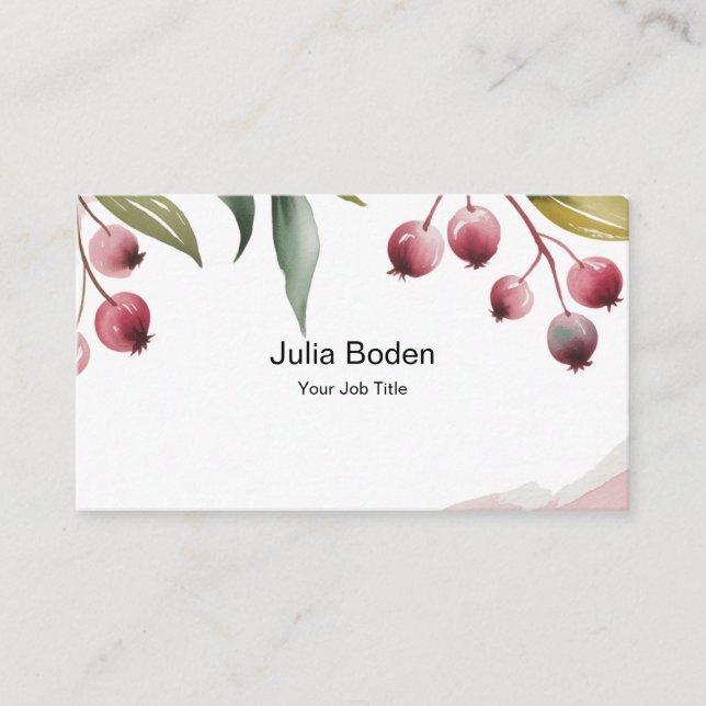 Berries and Branches Watercolor Green Business Card (Front)