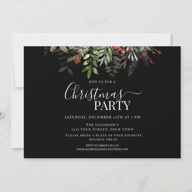 Berries and Greenery Floral Christmas Party Black Invitation (Front)