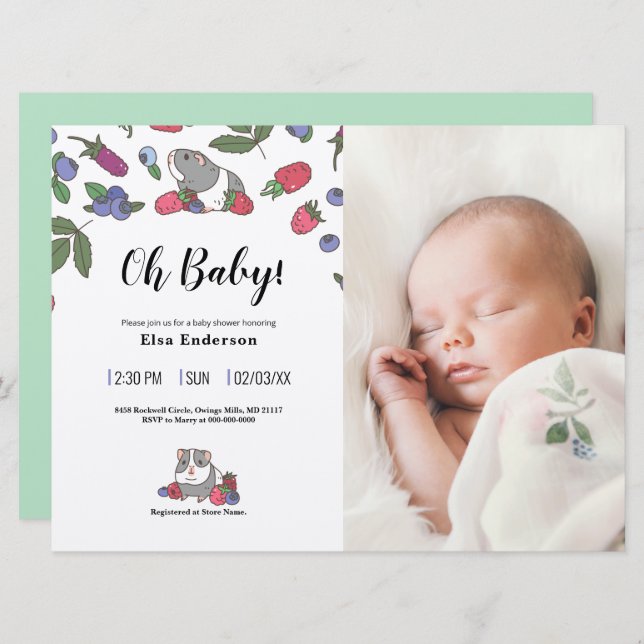 Berries and Guinea pig Custom Photo Baby Shower Invitation (Front/Back)