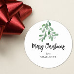 Berries and Leaves Personalized Christmas Classic Round Sticker<br><div class="desc">This simple Christmas Sticker is decorated with watercolor mistletoe leaves and berries.
Easily customizable.
Great for use as gift tags,  party favour tags,  envelope seals,  and more!
As we create our artwork you won't find this exact image from other designers.
Original Watercolor © Michele Davies.</div>