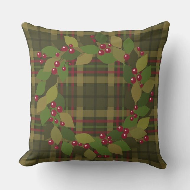 Berries and Leaves Wreath | Rustic Plaid Throw Pillow (Front)