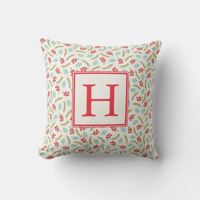 Berries and Pine Monogram Throw Pillow | Ivory (Front)