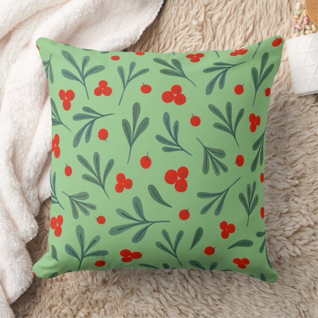 Berries And Winter Plant Leaves Seamless Pattern Throw Pillow (Blanket)
