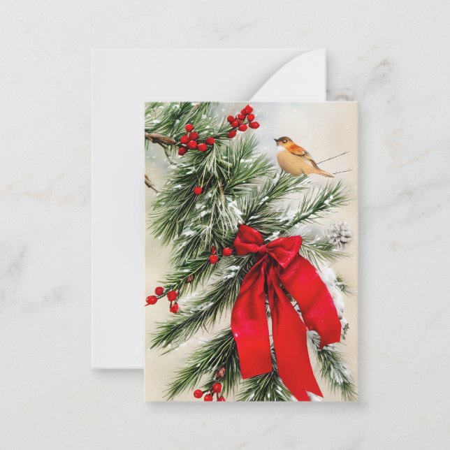 Berries bird and bow budget mini Christmas Card (Front)