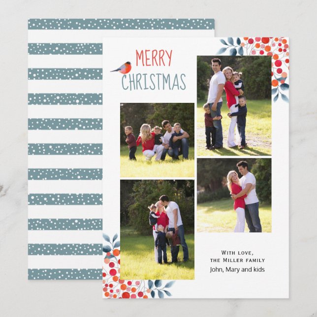 Berries, bird Christmas holiday photo collage card (Front/Back)