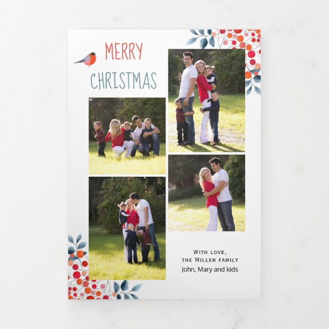 Berries, bird Christmas holiday photo collage Tri-Fold Holiday Card (Cover)