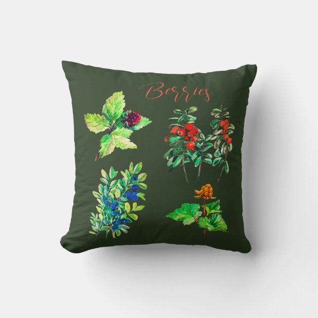 Berries, blueberry, cloudberry, lingonberry throw pillow (Front)