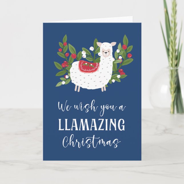 Berries & Cute Llama Christmas Holiday Card (Front)