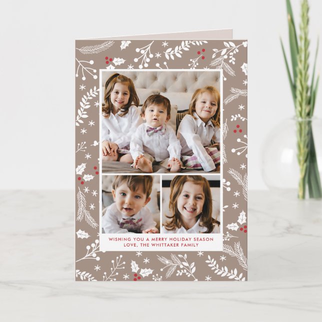 Berries d'hiver Écru Noël Carte pliée (Devant)