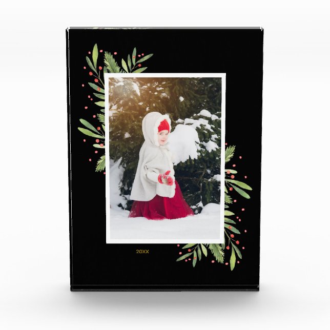 Berries Evergreens Christmas Custom Black Photo Block (Front)