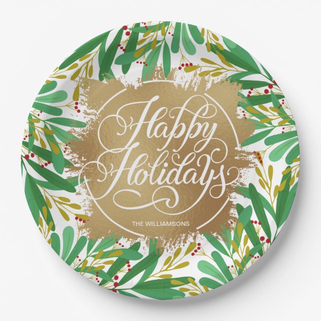 Berries Greenery Gold Faux Foil Happy Holidays Paper Plate (Front)